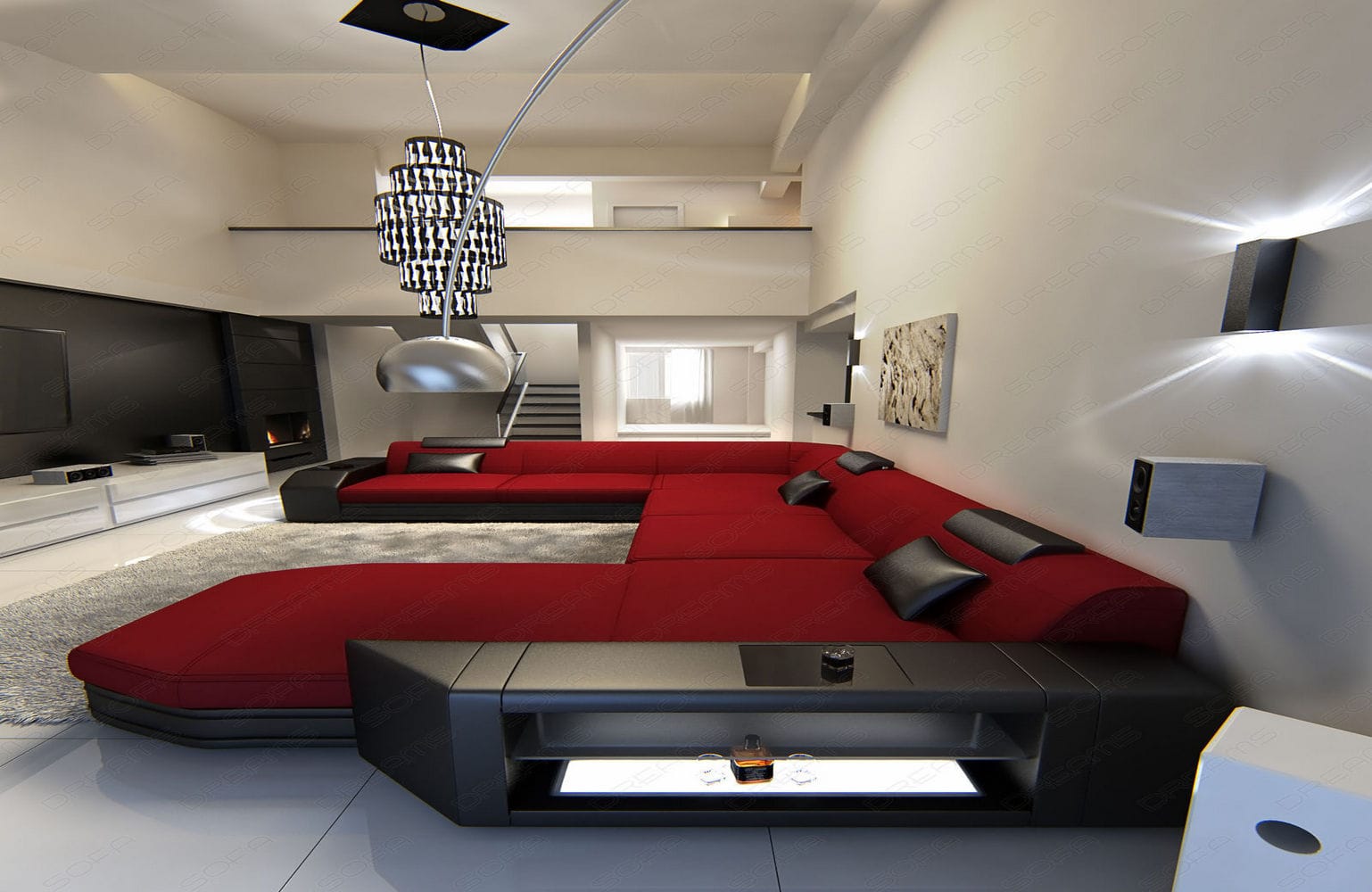 Stoff-Wohnlandschaft Materialmix Prato XXL Rot-Schwarz