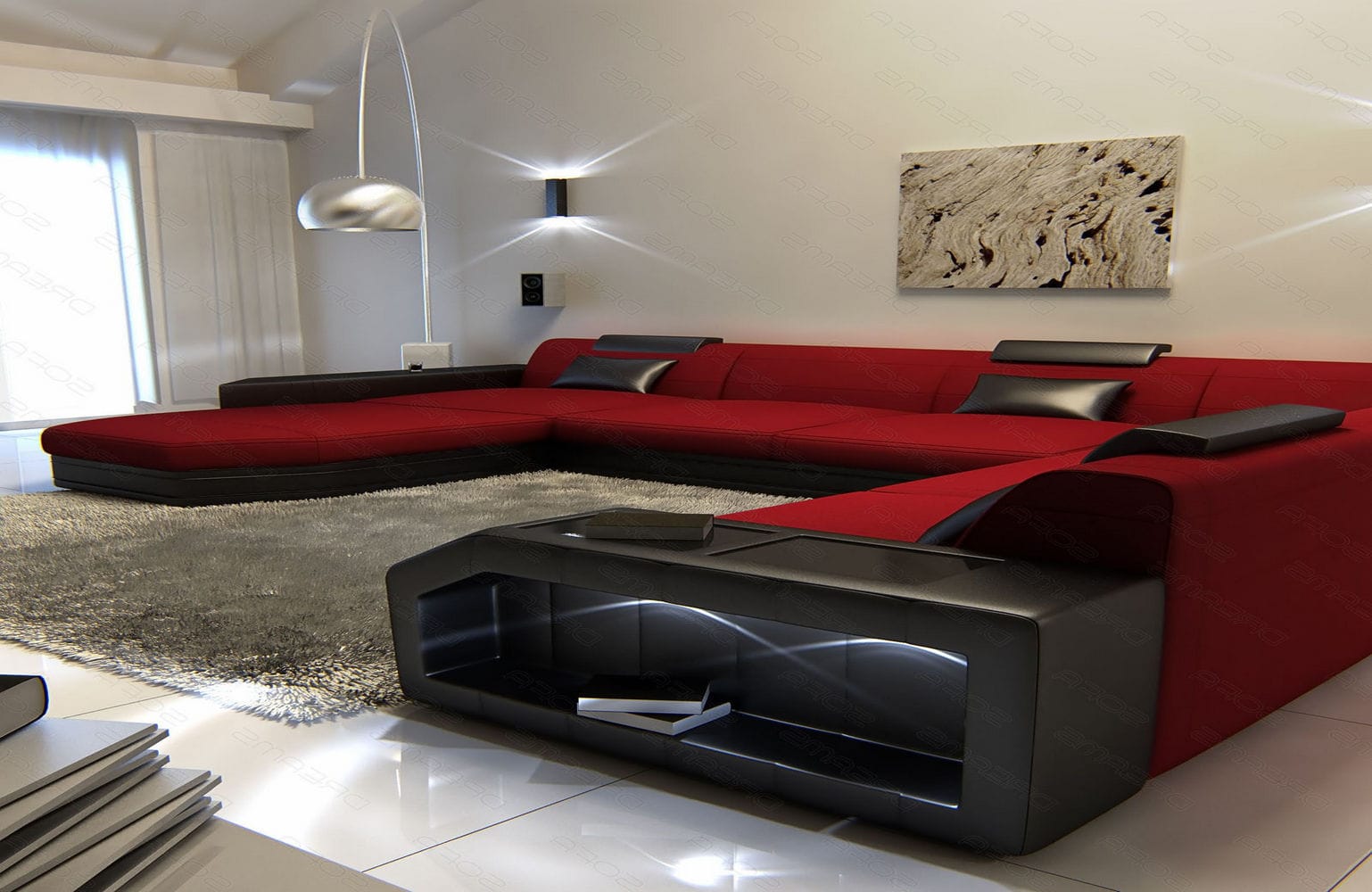 Stoff-Wohnlandschaft Materialmix Prato XXL Rot-Schwarz