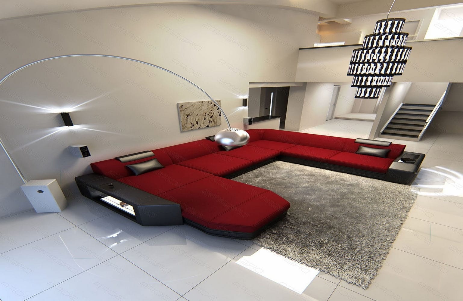 Stoff-Wohnlandschaft Materialmix Prato XXL Rot-Schwarz