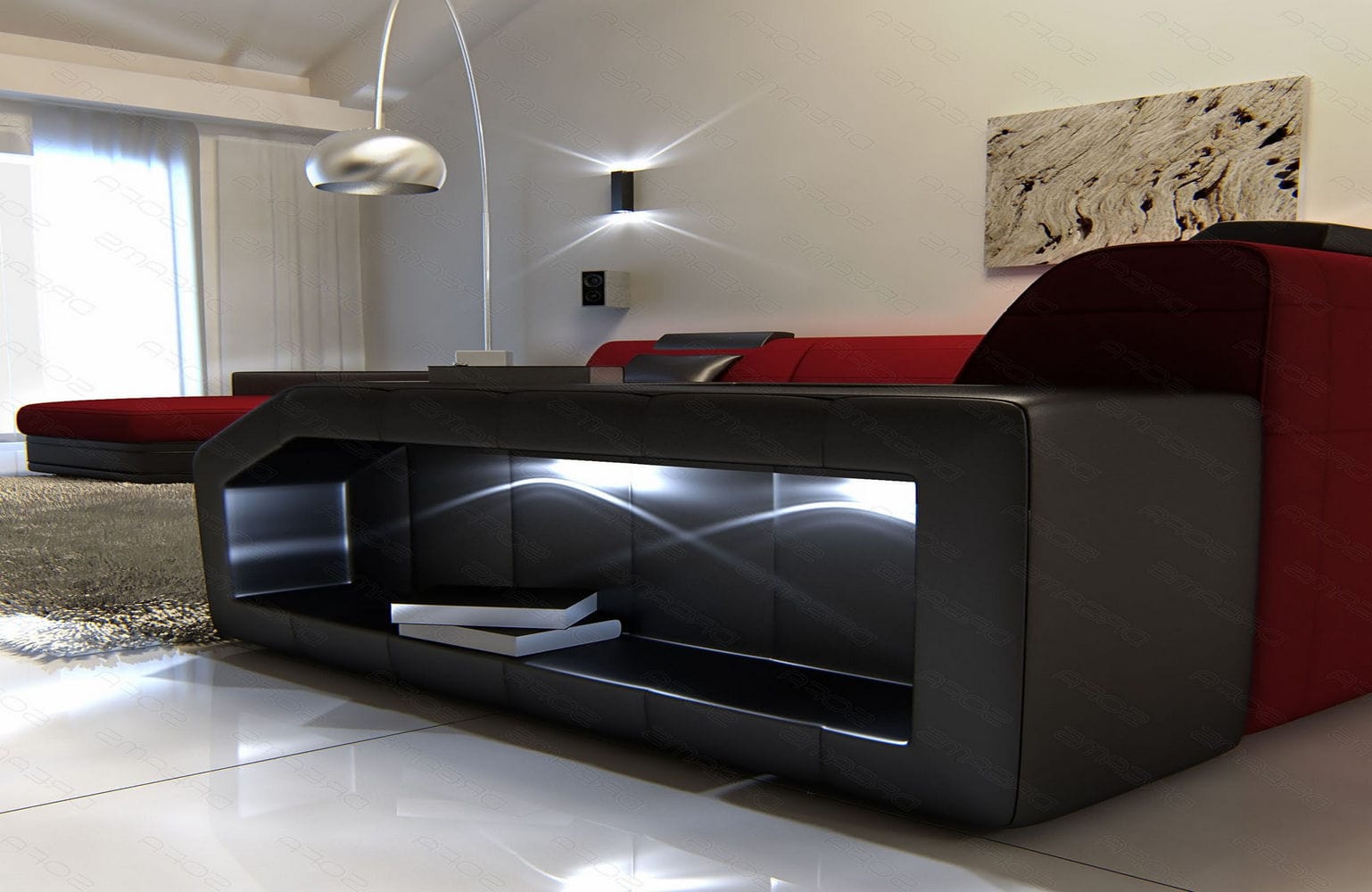 Stoff-Wohnlandschaft Materialmix Prato XXL Rot-Schwarz