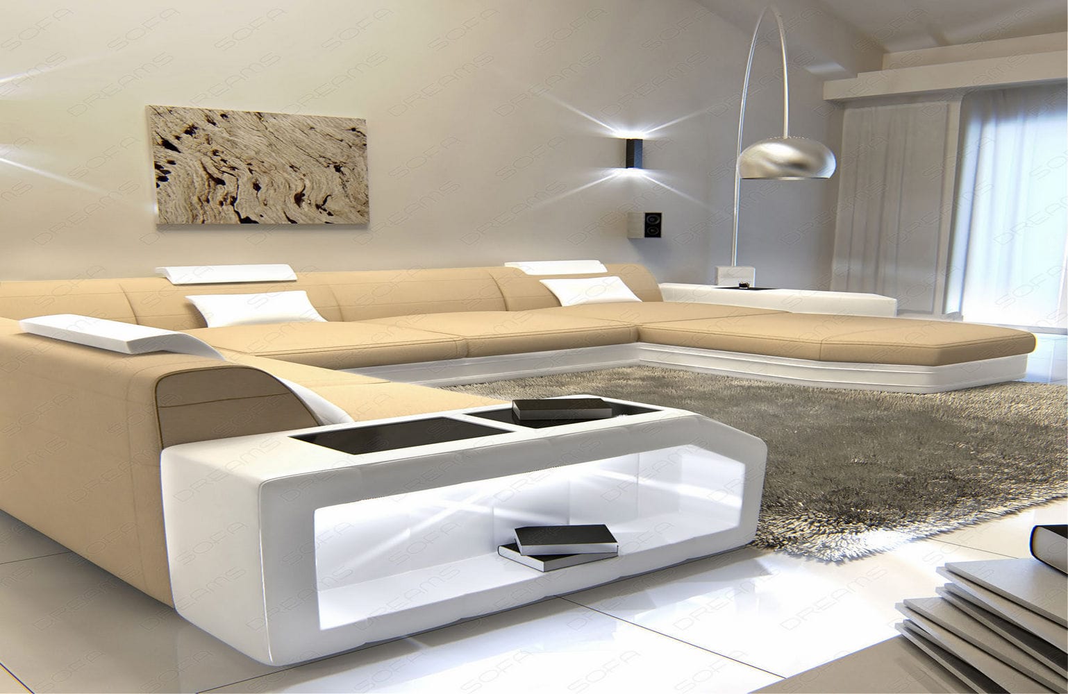 Wohnlandschaft Prato XXL U-Form in Stoff Beige-Weiß