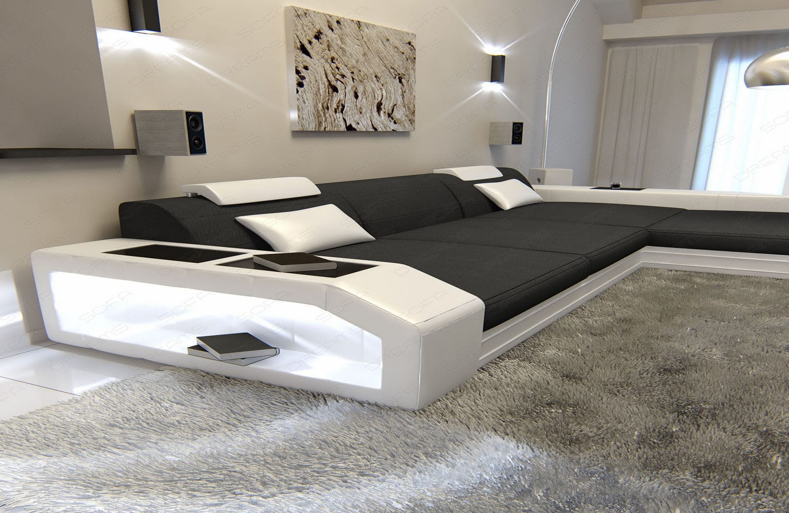 Ecksofa Prato L-Form aus Stoff Dunkelgrau-Weiß