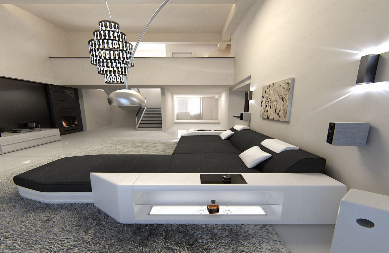 Ecksofa Prato L-Form aus Stoff Dunkelgrau-Weiß