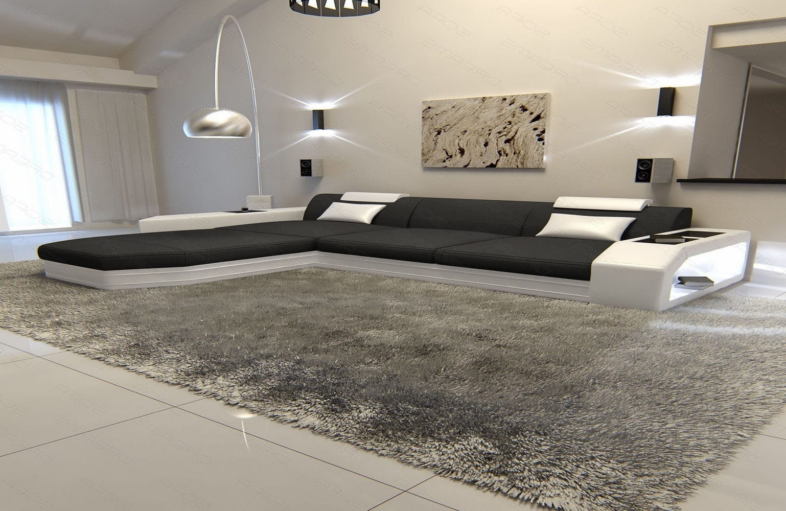 Ecksofa Prato L-Form aus Stoff Dunkelgrau-Weiß