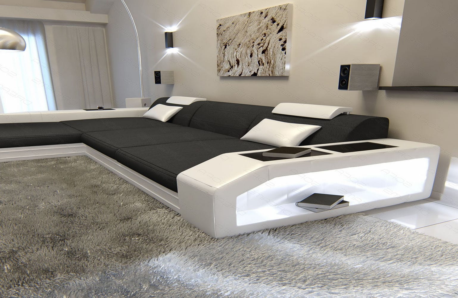 Ecksofa Prato L-Form aus Stoff Dunkelgrau-Weiß