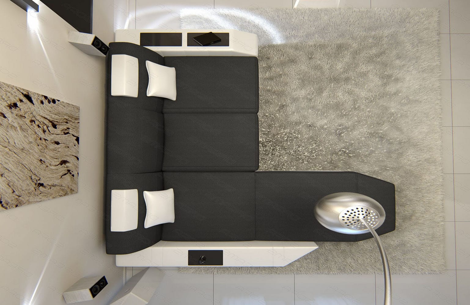 Ecksofa Prato L-Form aus Stoff Dunkelgrau-Weiß
