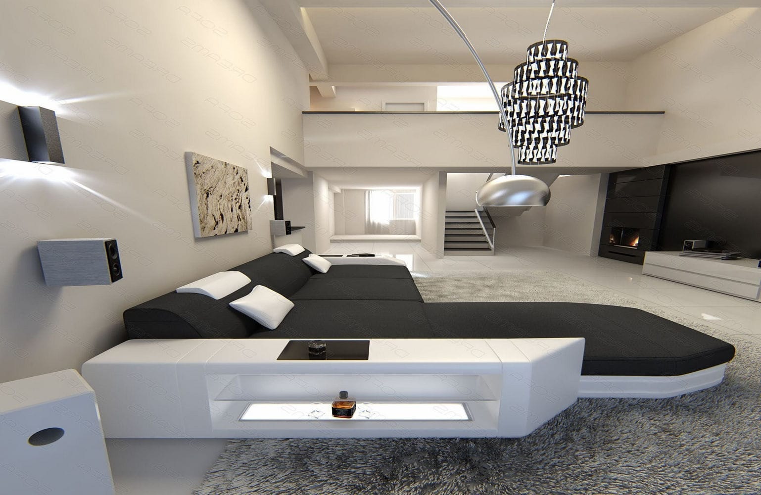 Ecksofa Prato L-Form aus Stoff Dunkelgrau-Weiß