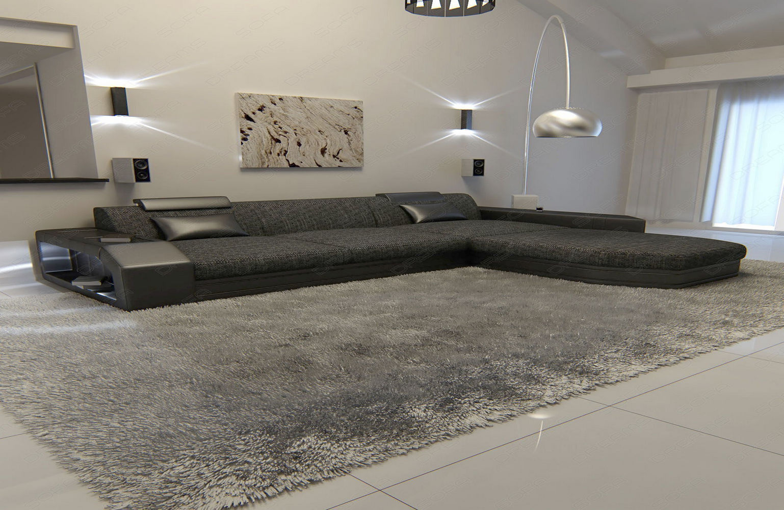 Stoffsofa Prato L-Form im Materialmix Schwarzgrau-Schwarz