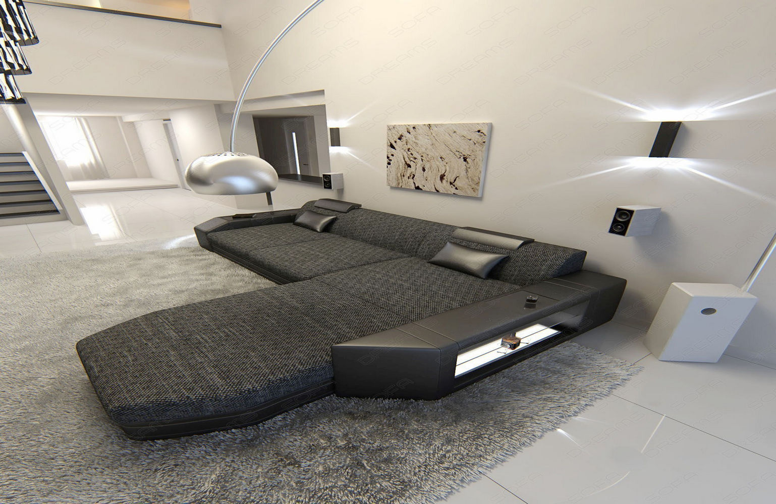 Stoffsofa Prato L-Form im Materialmix Schwarzgrau-Schwarz