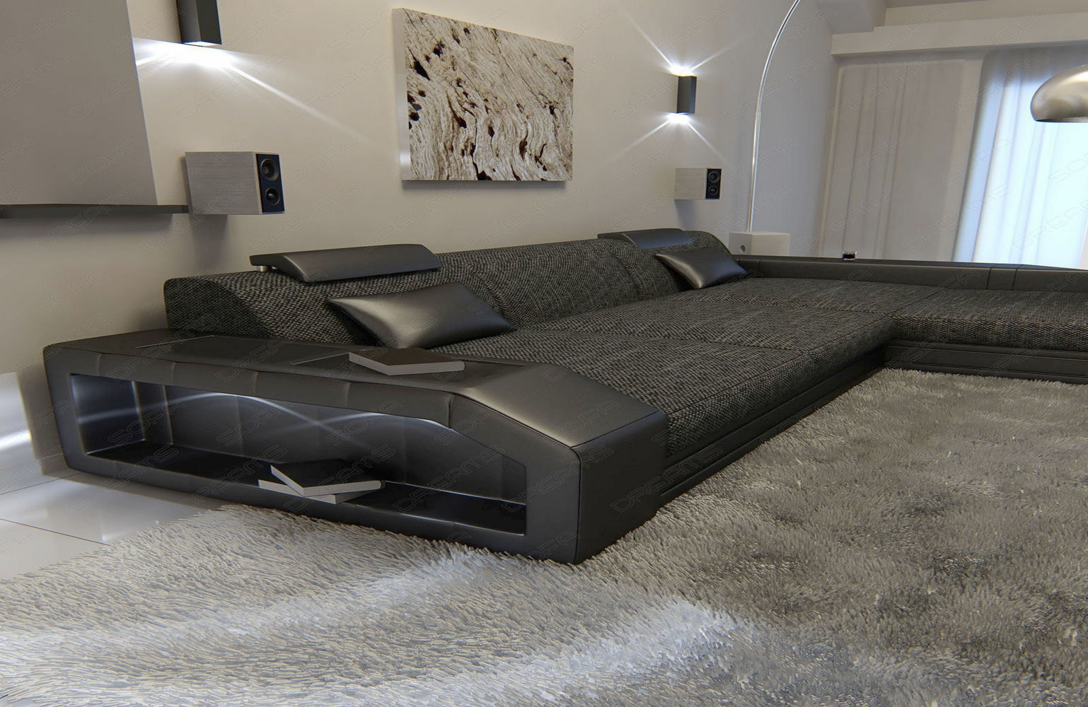 Stoffsofa Prato L-Form im Materialmix Schwarzgrau-Schwarz