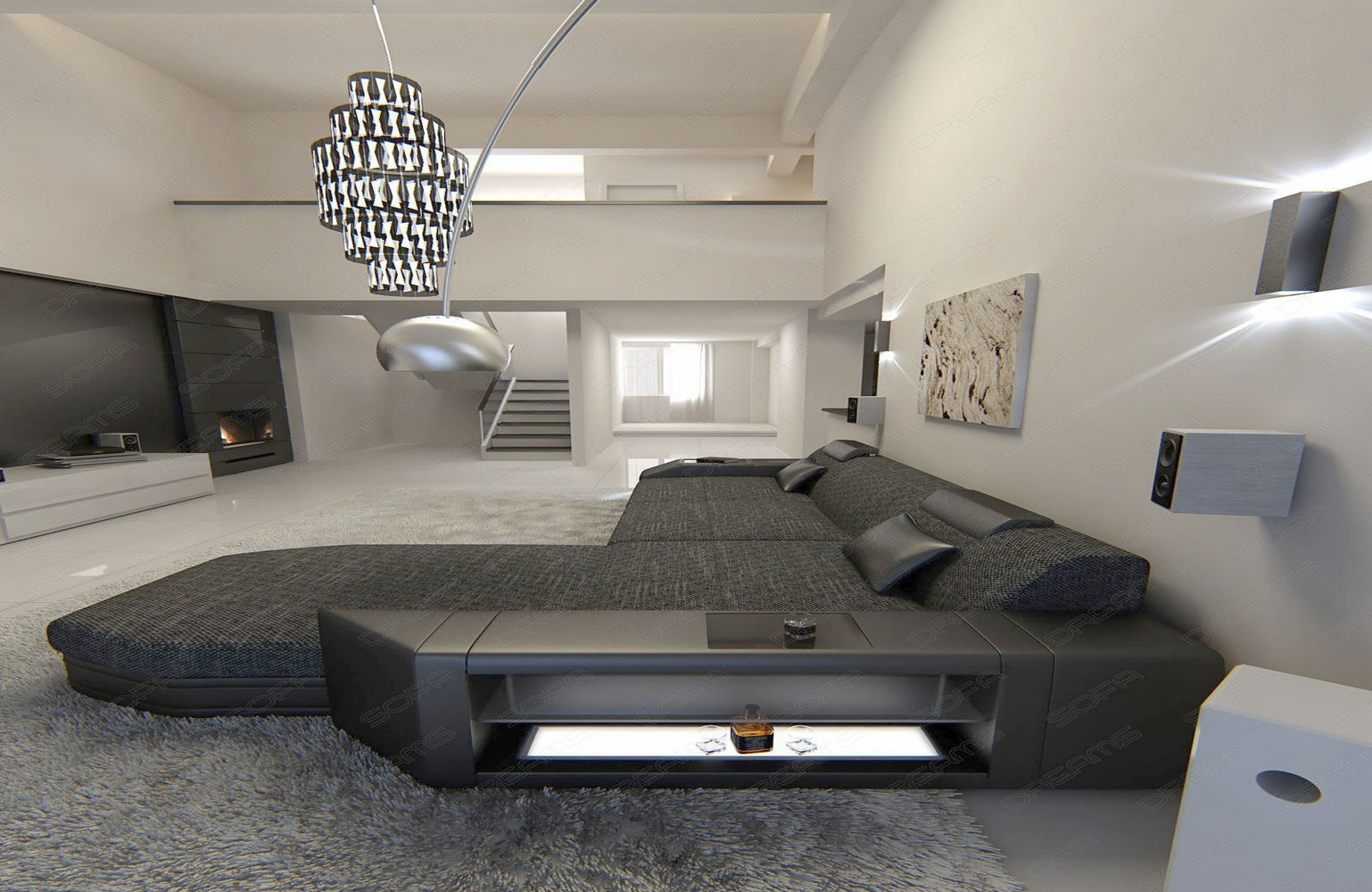Stoffsofa Prato L-Form im Materialmix Schwarzgrau-Schwarz