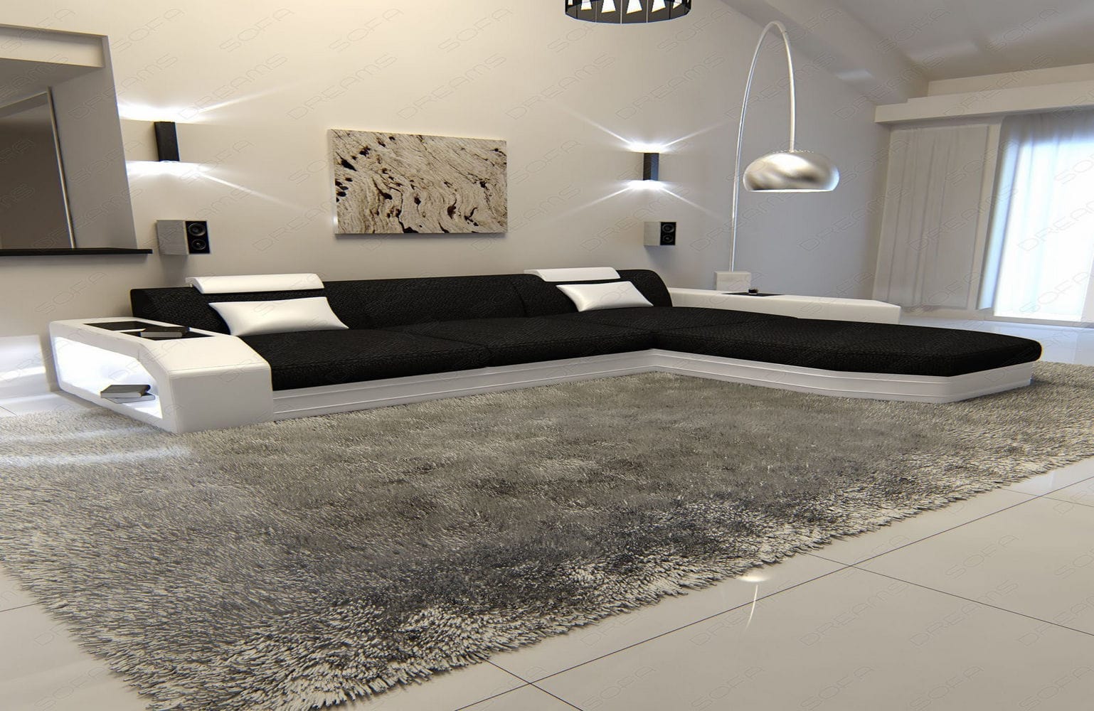 Ecksofa Prato L-Form aus Stoff Schwarz-Weiß