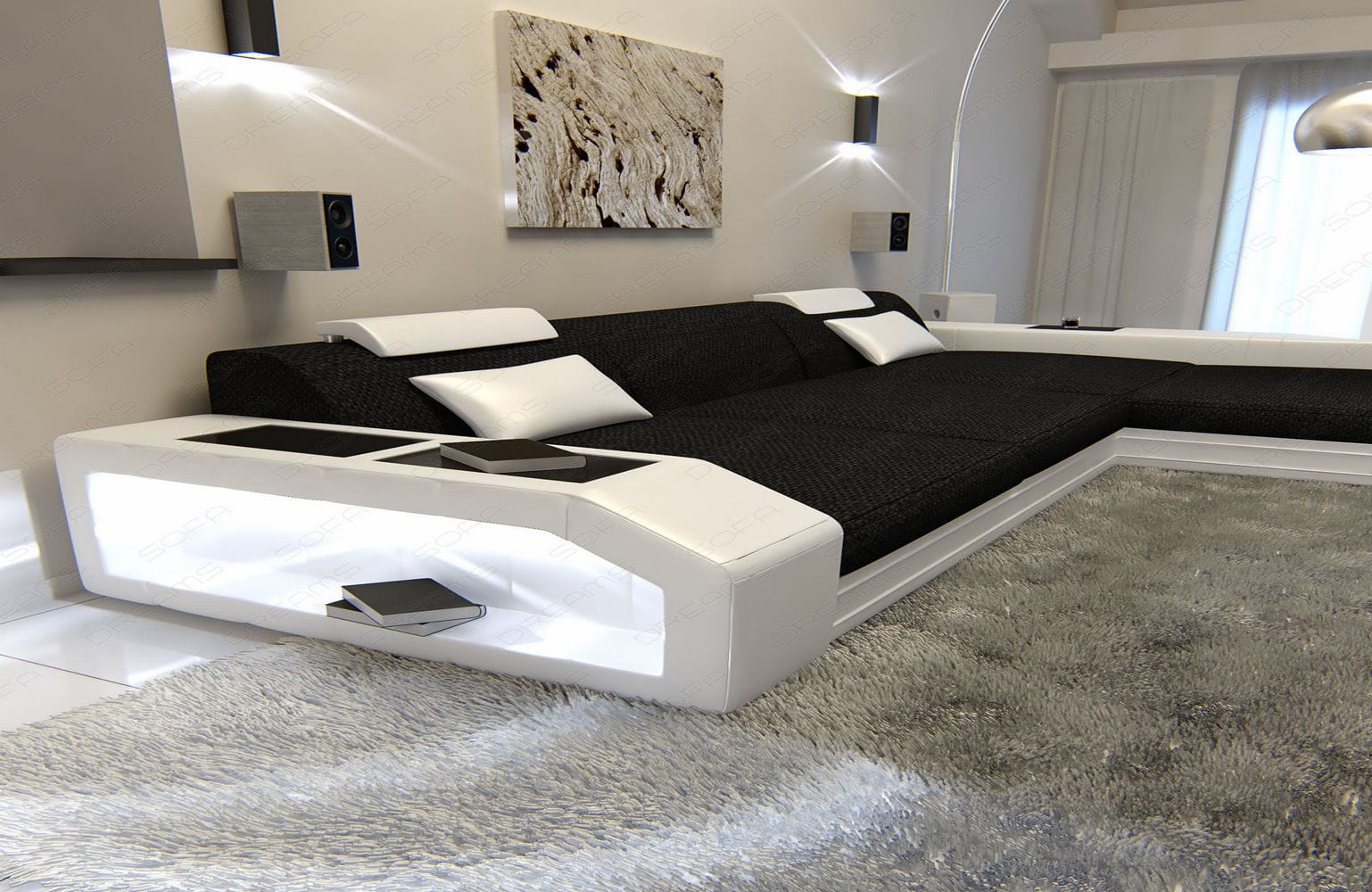 Ecksofa Prato L-Form aus Stoff Schwarz-Weiß
