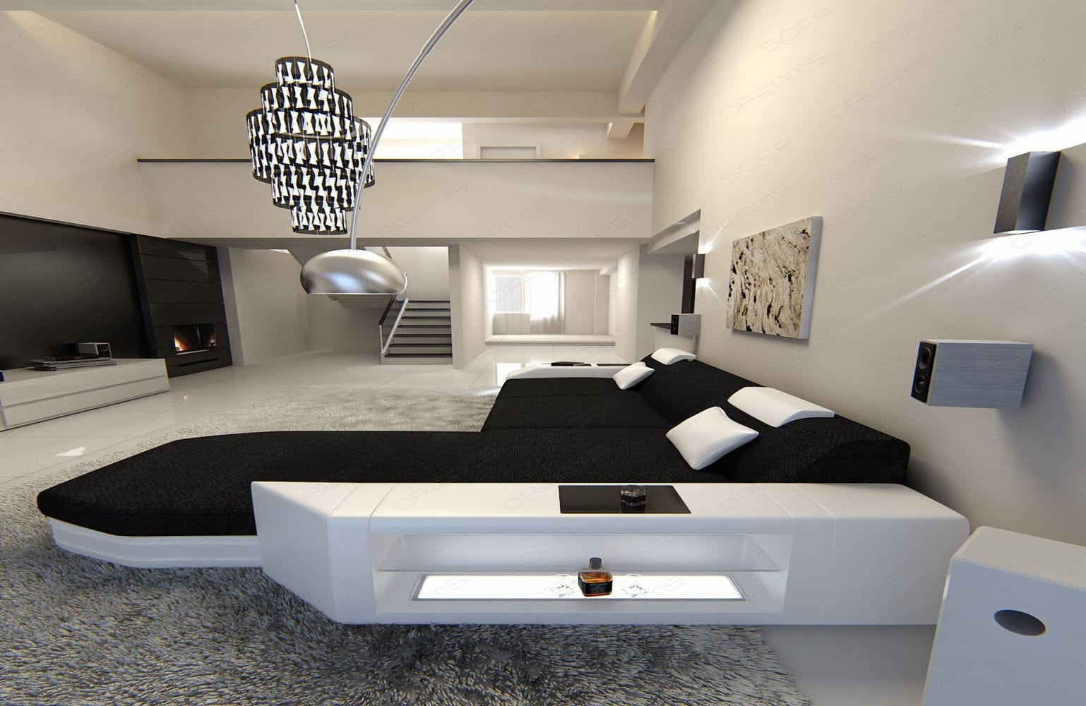 Ecksofa Prato L-Form aus Stoff Schwarz-Weiß