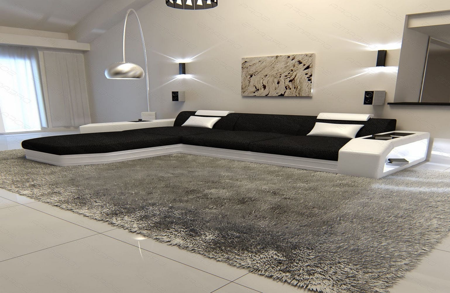 Ecksofa Prato L Form aus Stoff schwarz-weiß