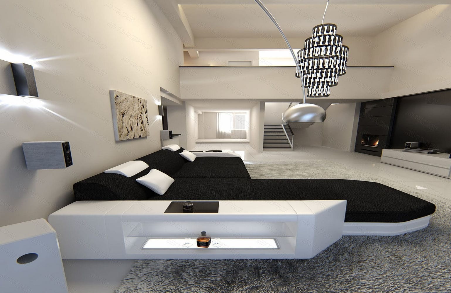 Ecksofa Prato L Form aus Stoff schwarz-weiß