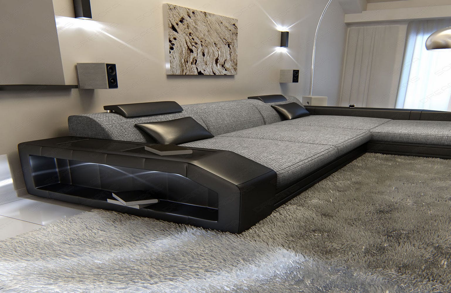 Ecksofa Prato L-Form aus Stoff Grau-Schwarz