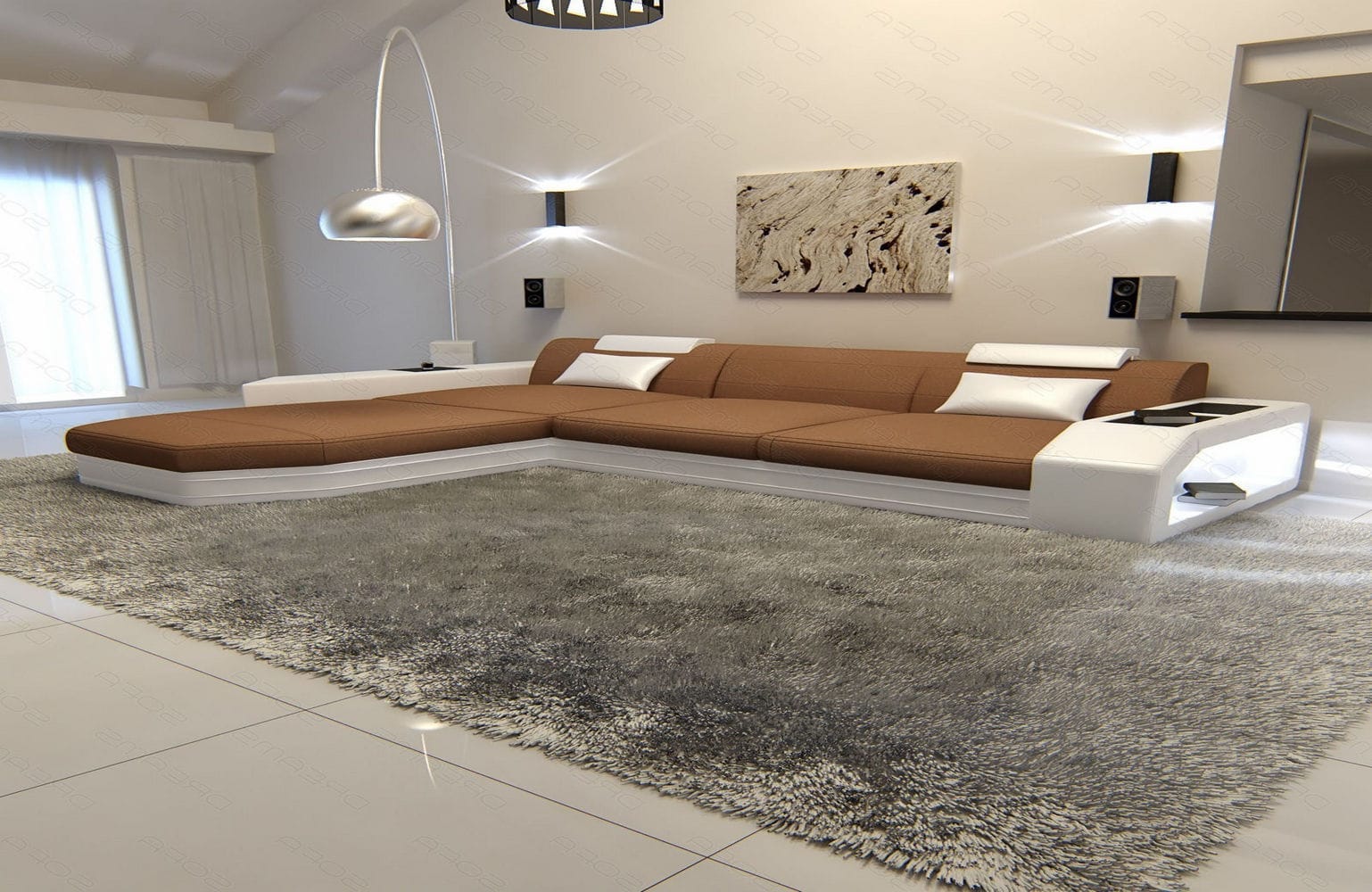 Ecksofa Prato L-Form aus Stoff Hellbraun-Weiß