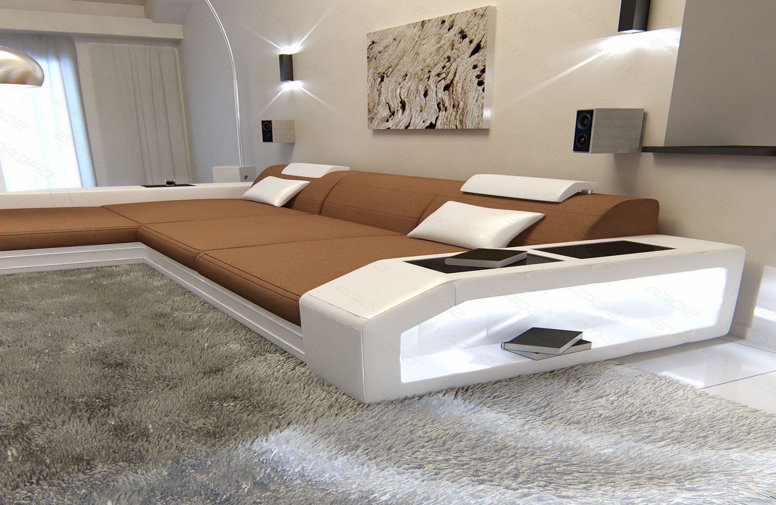 Ecksofa Prato L-Form aus Stoff Hellbraun-Weiß
