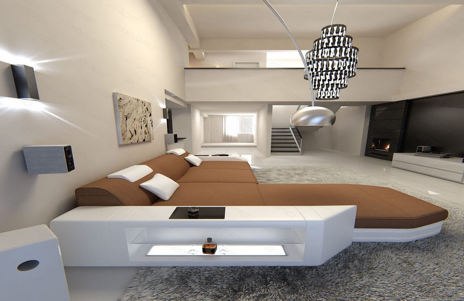 Ecksofa Prato L-Form aus Stoff Hellbraun-Weiß