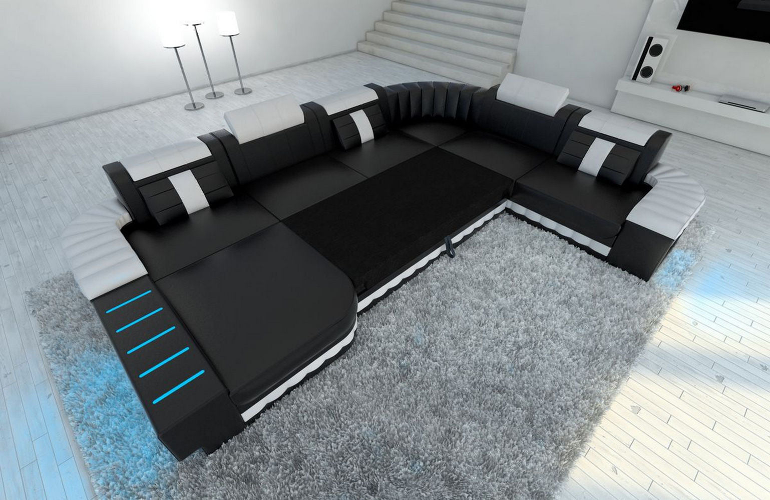 Mega Stoff-Wohnlandschaft Bellagio XXL mit LED Elfenbein-Schwarz
