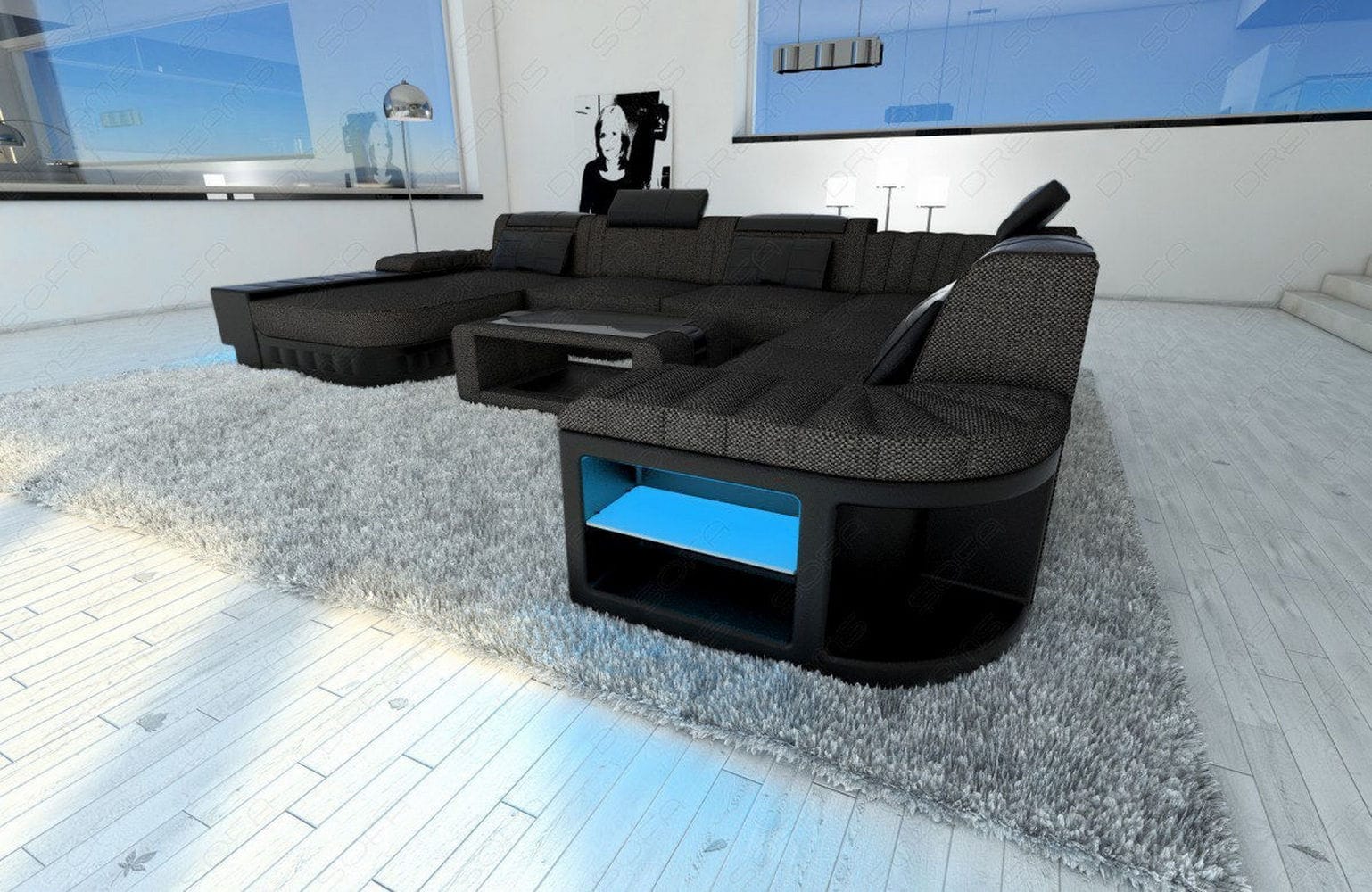 XXL Stoff Wohnlandschaft Bellagio U-Form schwarzgrau-schwarz