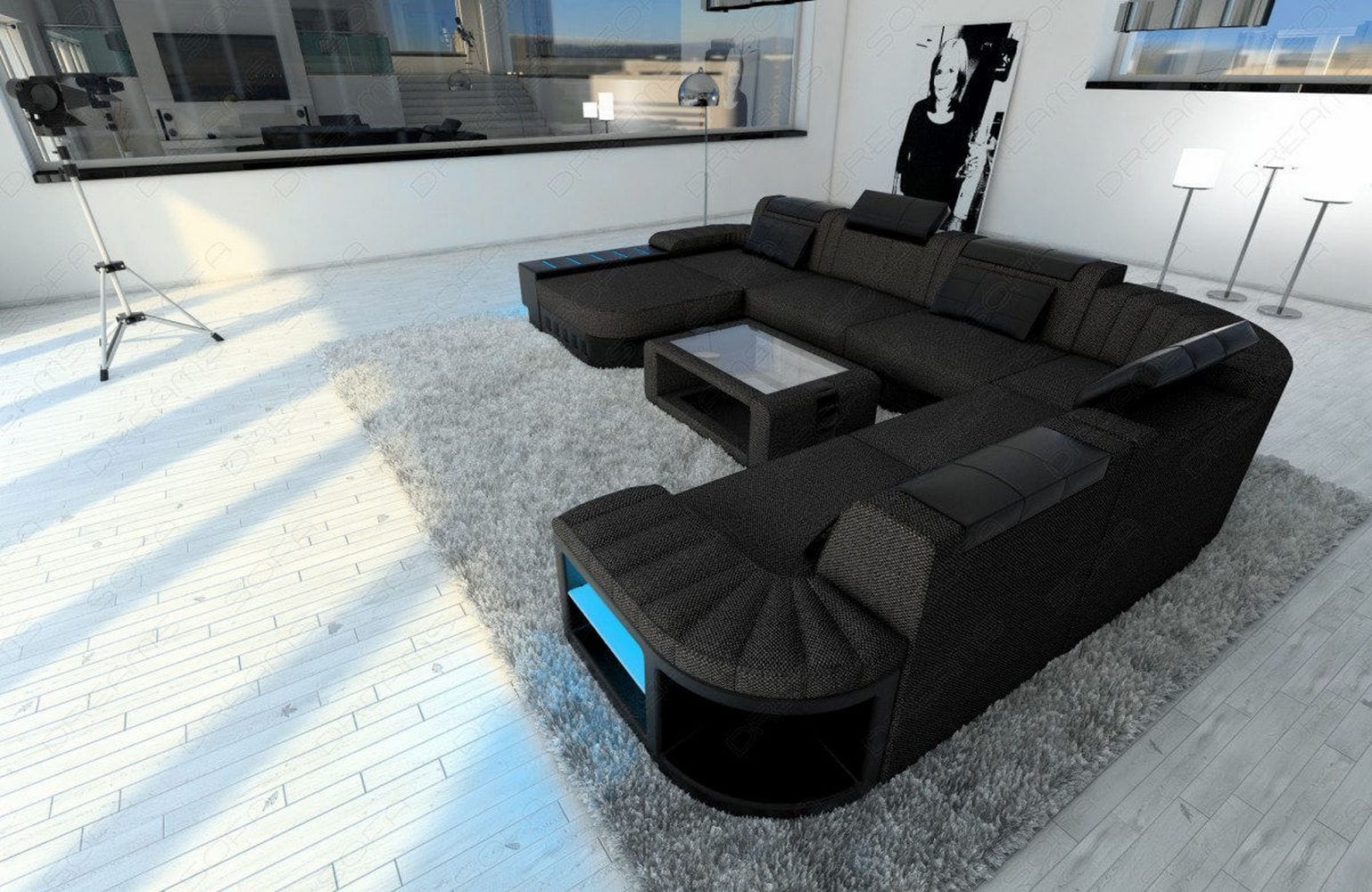 XXL Stoff Wohnlandschaft Bellagio U-Form schwarzgrau-schwarz