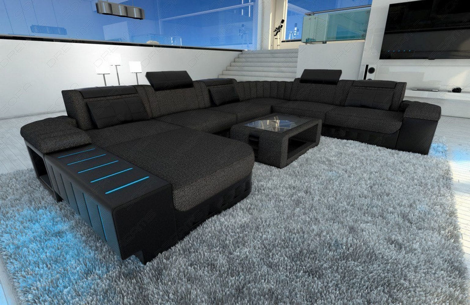 XXL Stoff Wohnlandschaft Bellagio U-Form schwarzgrau-schwarz
