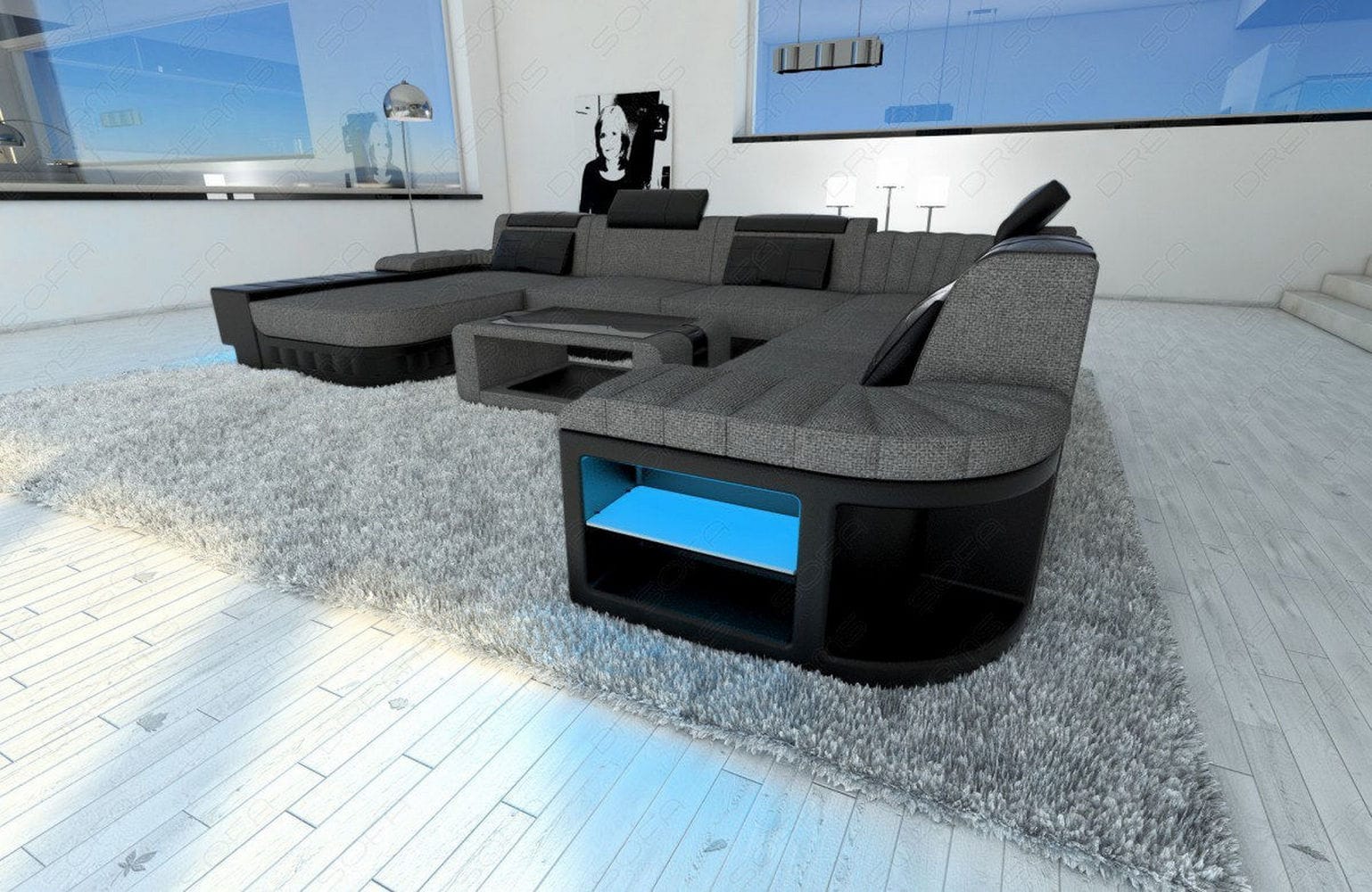 XXL Stoff Wohnlandschaft Bellagio U-Form Grau-Schwarz