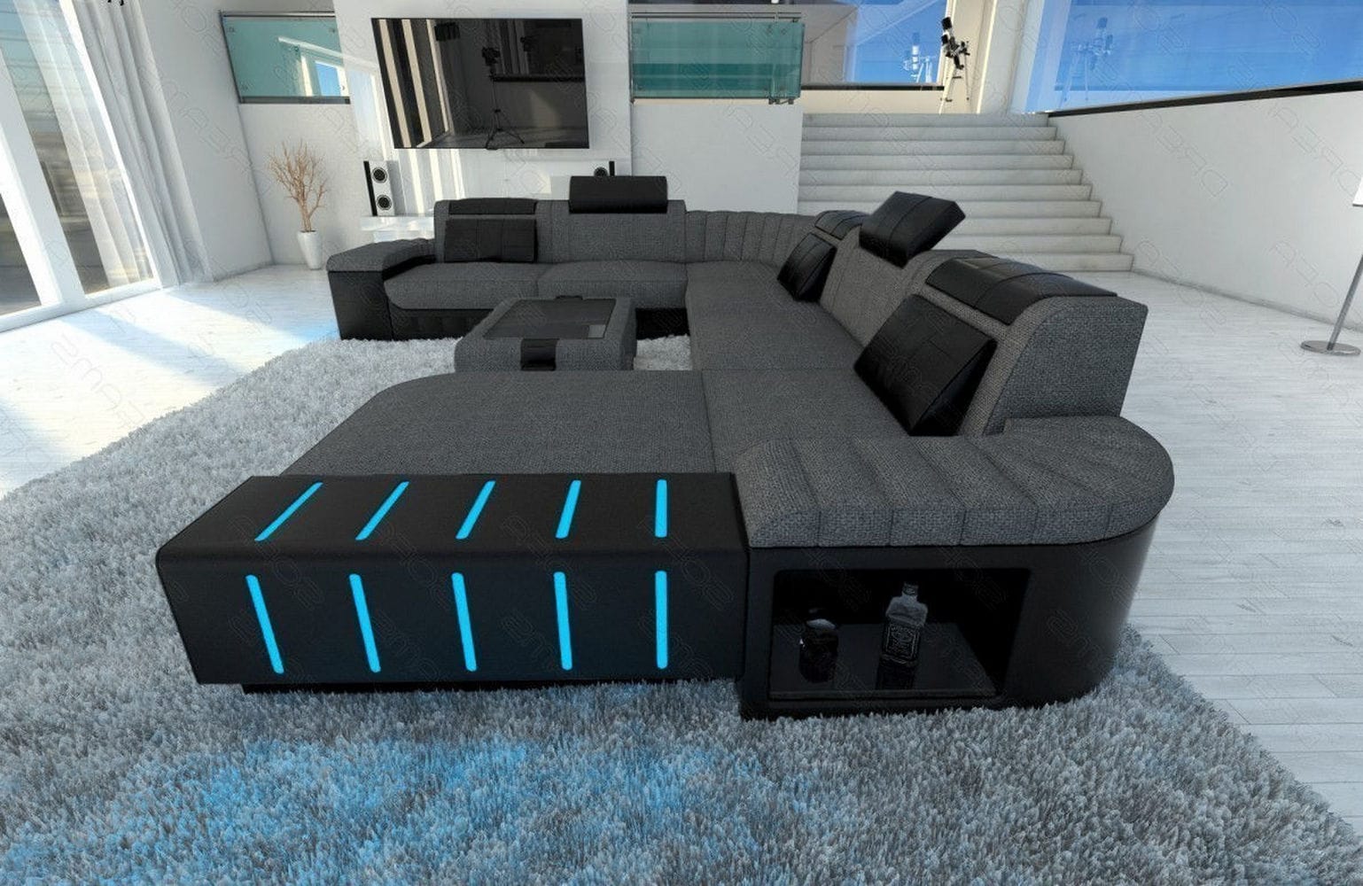 Mega Stoff-Wohnlandschaft Bellagio XXL mit LED Grau-Schwarz