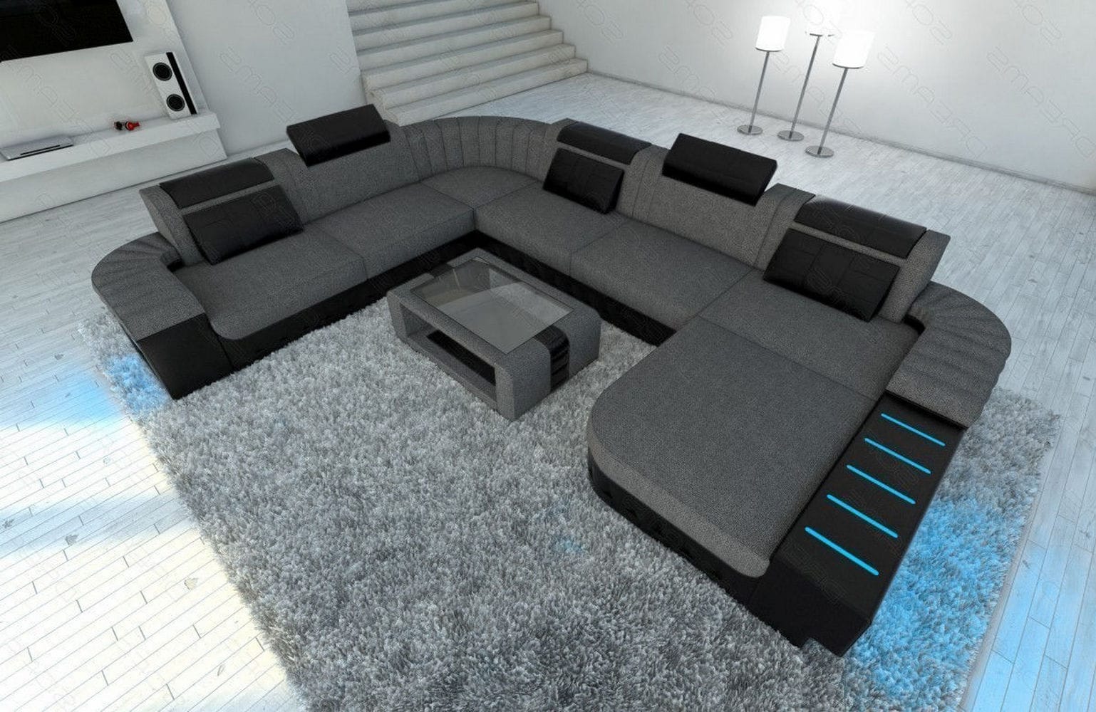 Mega Stoff-Wohnlandschaft Bellagio XXL mit LED Grau-Schwarz