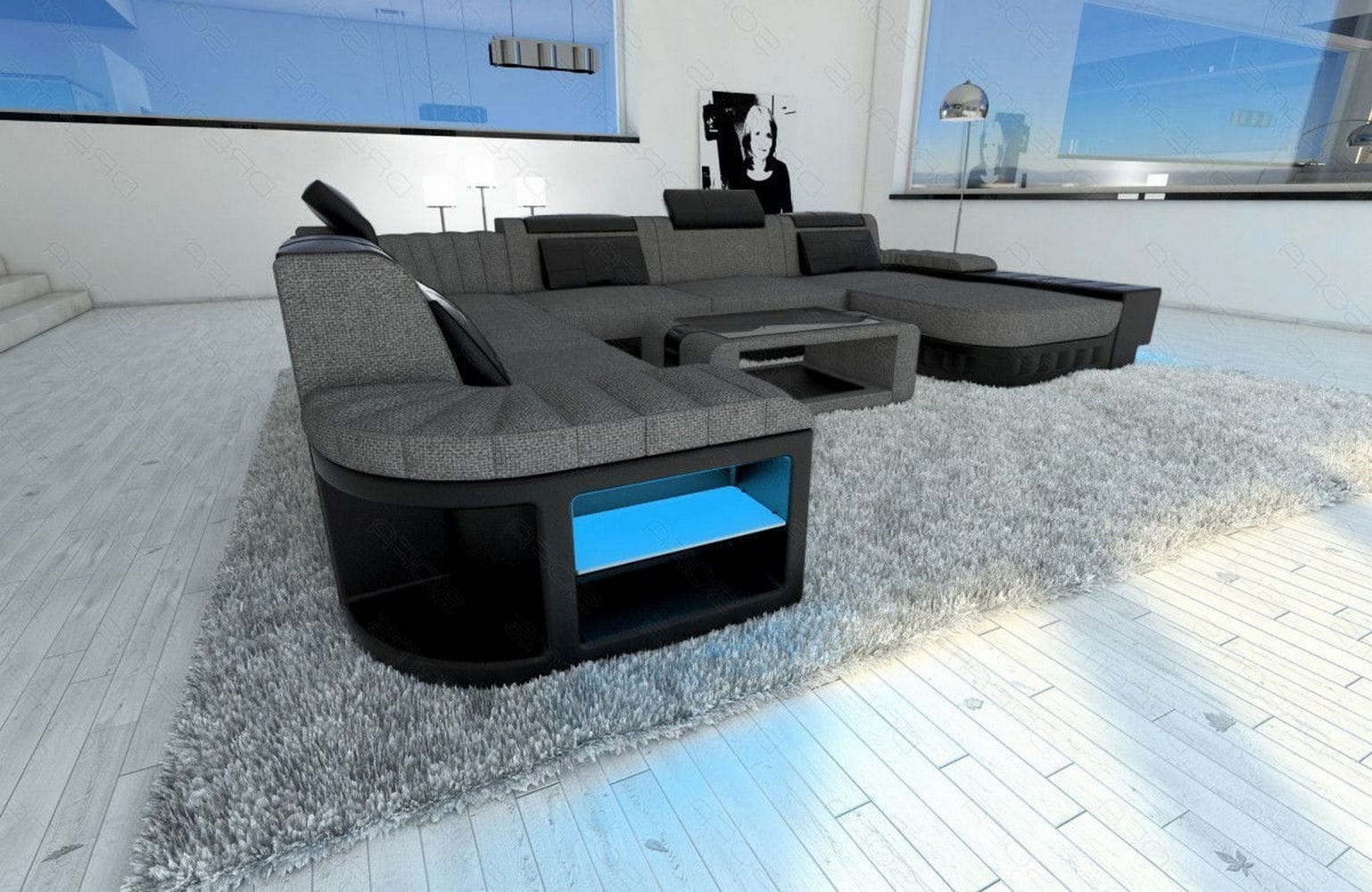 Mega Stoff-Wohnlandschaft Bellagio XXL mit LED Grau-Schwarz