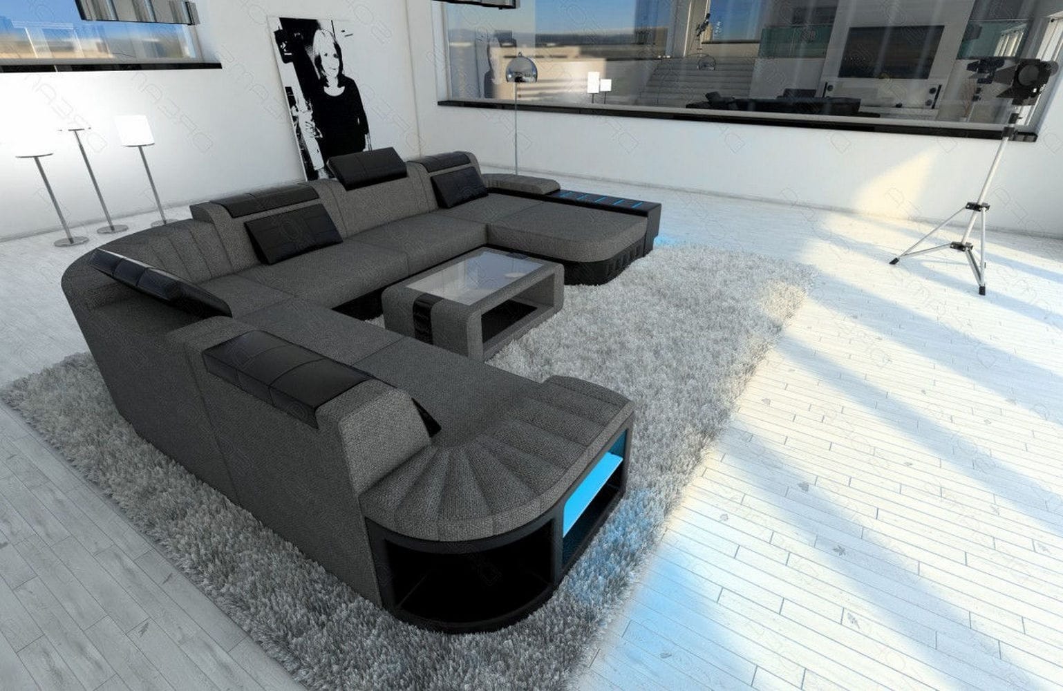 Mega Stoff-Wohnlandschaft Bellagio XXL mit LED Grau-Schwarz