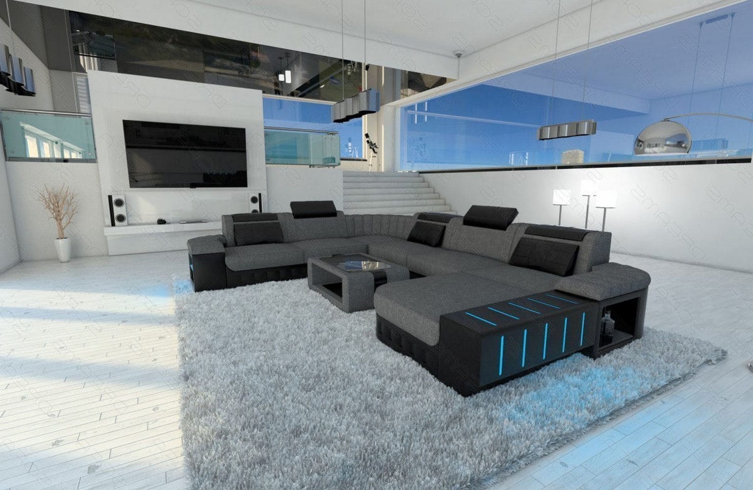 Mega Stoff-Wohnlandschaft Bellagio XXL mit LED Grau-Schwarz