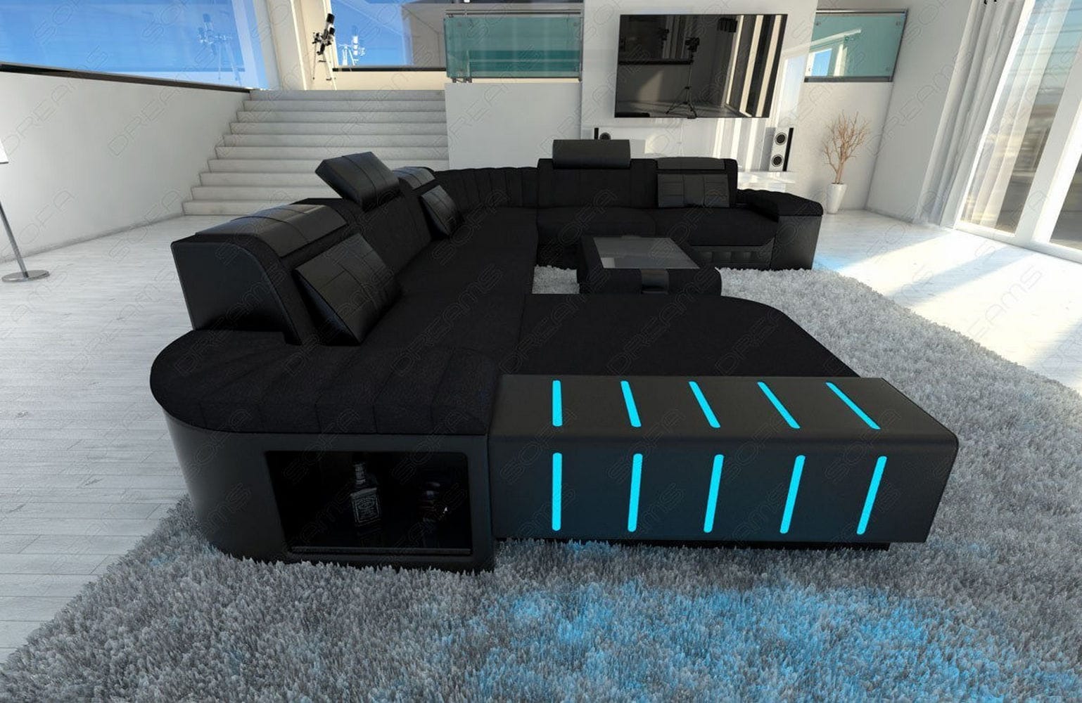 Mega Stoff-Wohnlandschaft Bellagio XXL mit LED Schwarz-Schwarz