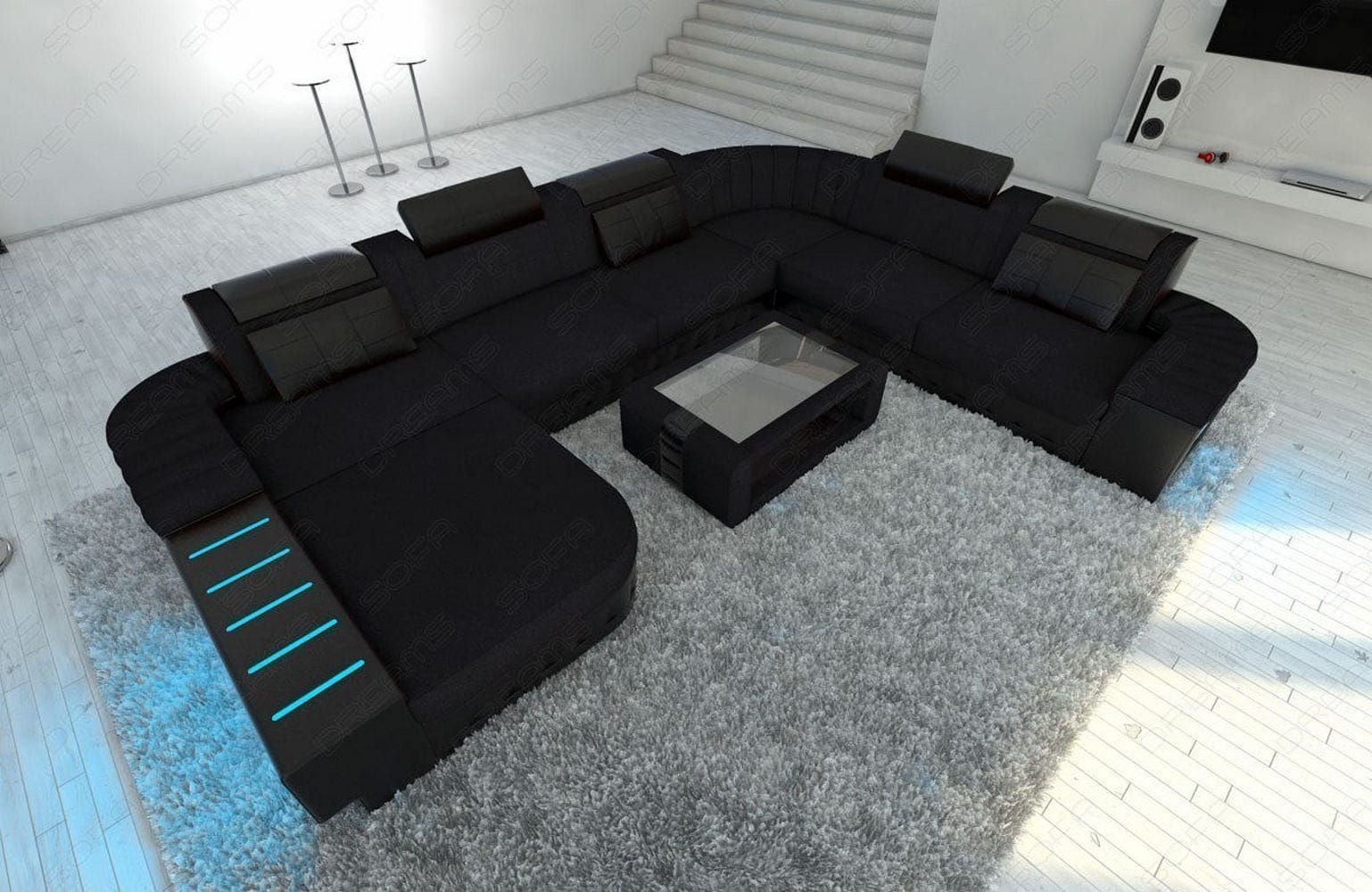 Mega Stoff-Wohnlandschaft Bellagio XXL mit LED Schwarz-Schwarz