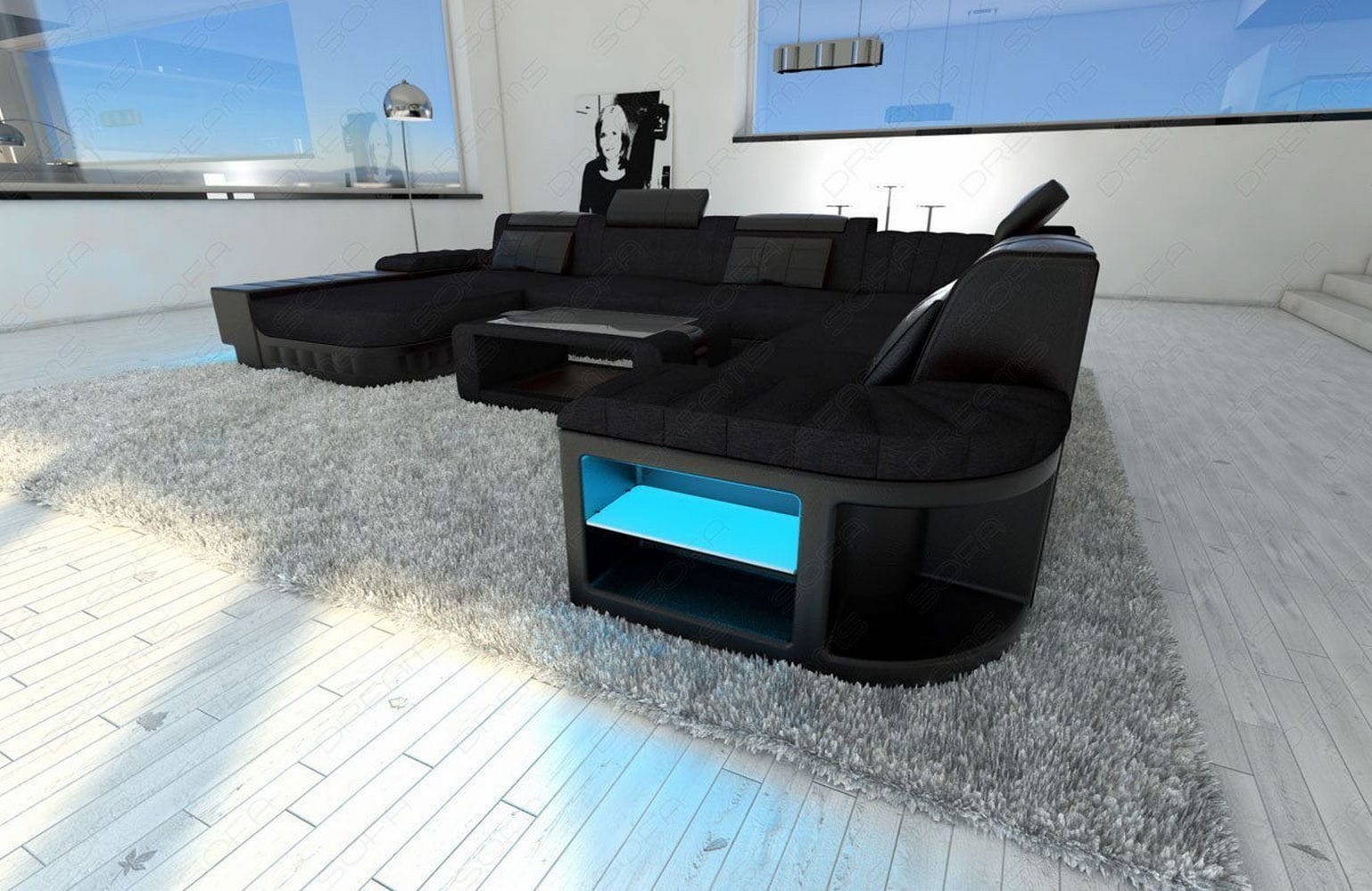 Mega Stoff-Wohnlandschaft Bellagio XXL mit LED Schwarz-Schwarz