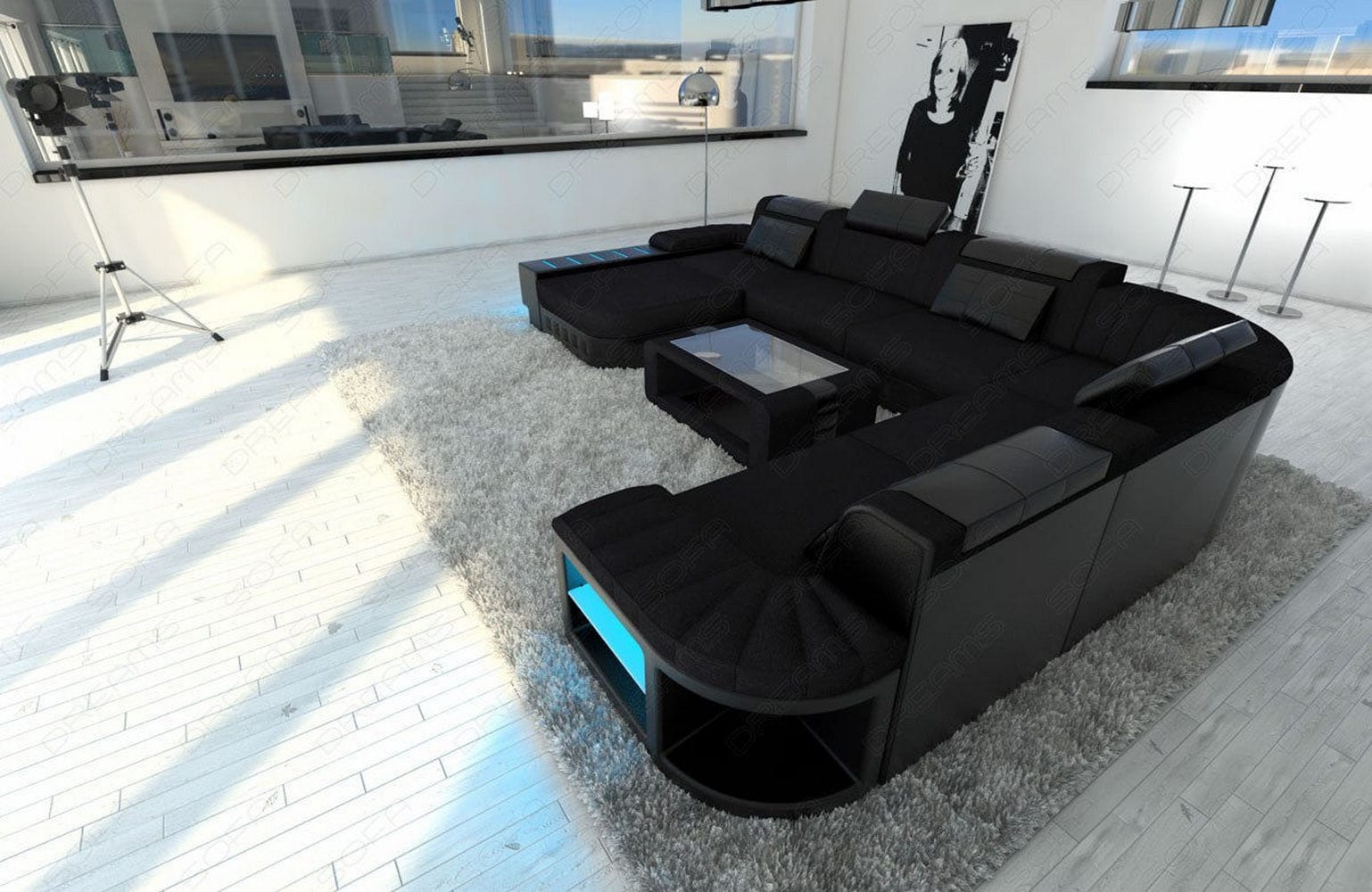 Mega Stoff-Wohnlandschaft Bellagio XXL mit LED Schwarz-Schwarz