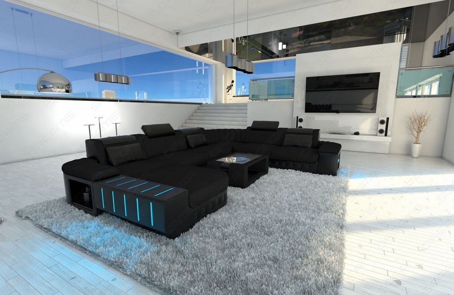 Mega Stoff-Wohnlandschaft Bellagio XXL mit LED Schwarz-Schwarz