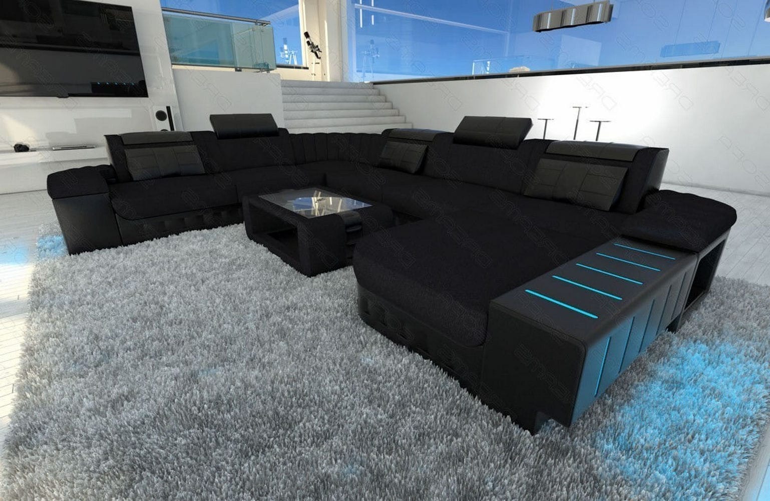Mega Stoff-Wohnlandschaft Bellagio XXL mit LED Schwarz-Schwarz