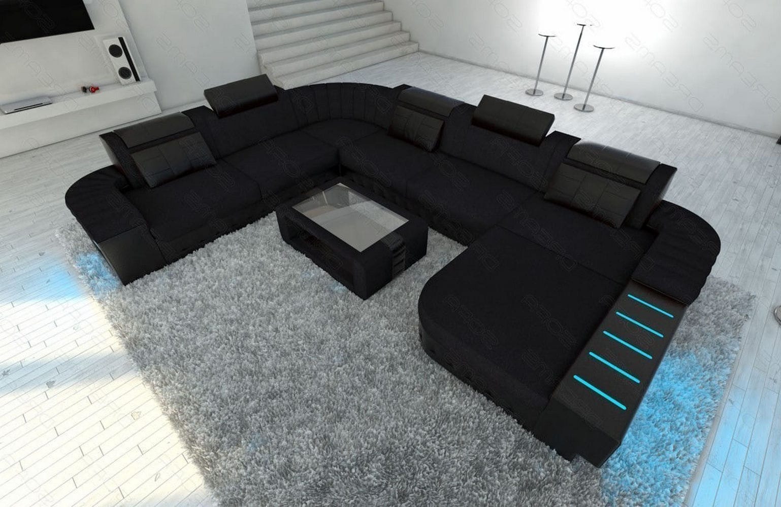 Mega Stoff-Wohnlandschaft Bellagio XXL mit LED Schwarz-Schwarz