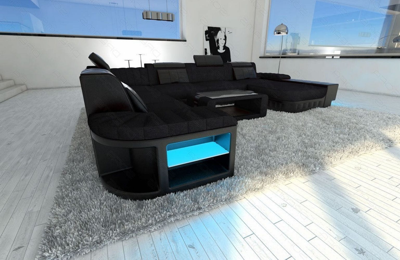 Mega Stoff-Wohnlandschaft Bellagio XXL mit LED Schwarz-Schwarz