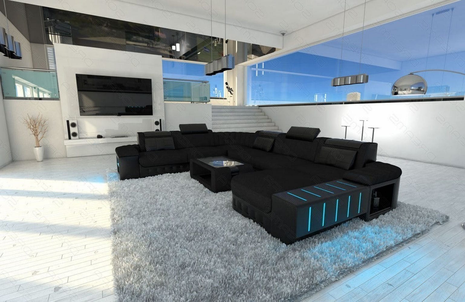 Mega Stoff-Wohnlandschaft Bellagio XXL mit LED Schwarz-Schwarz