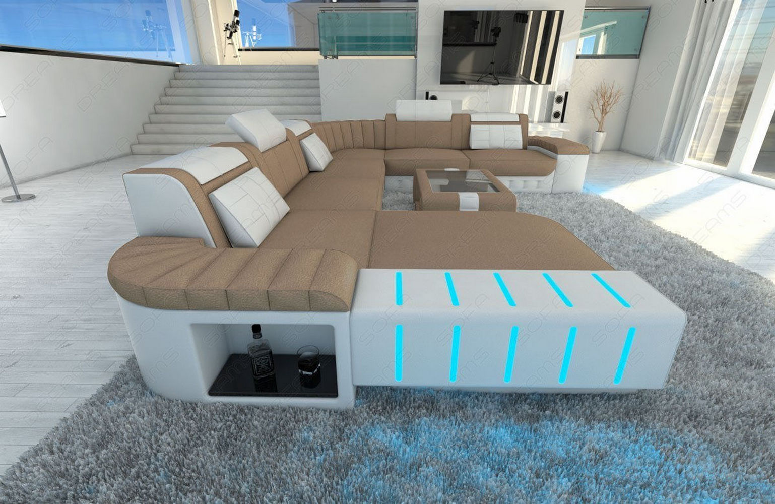 Mega Stoff-Wohnlandschaft Bellagio XXL mit LED Cappuccino-Weiß