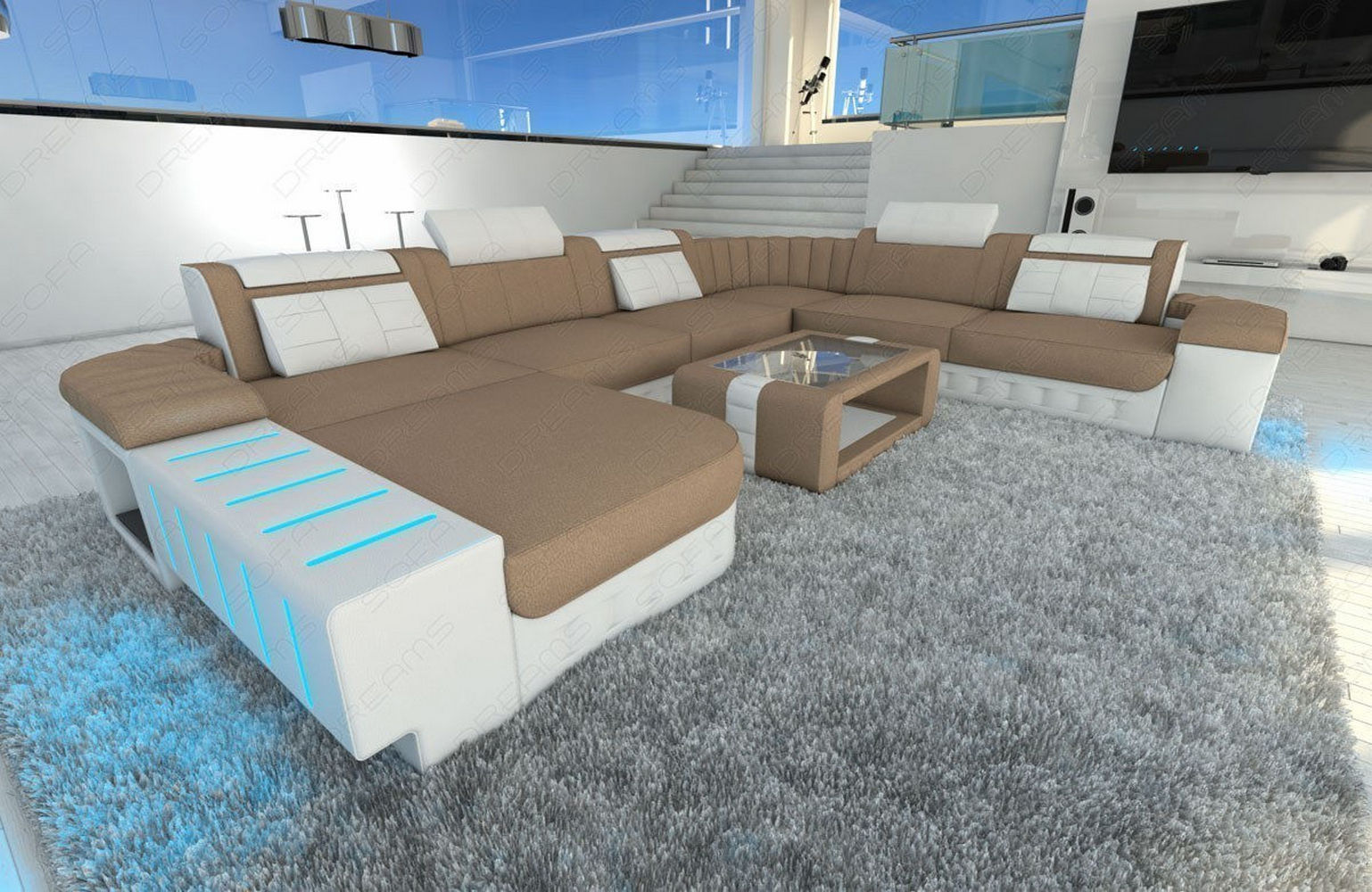 Mega Stoff-Wohnlandschaft Bellagio XXL mit LED Cappuccino-Weiß