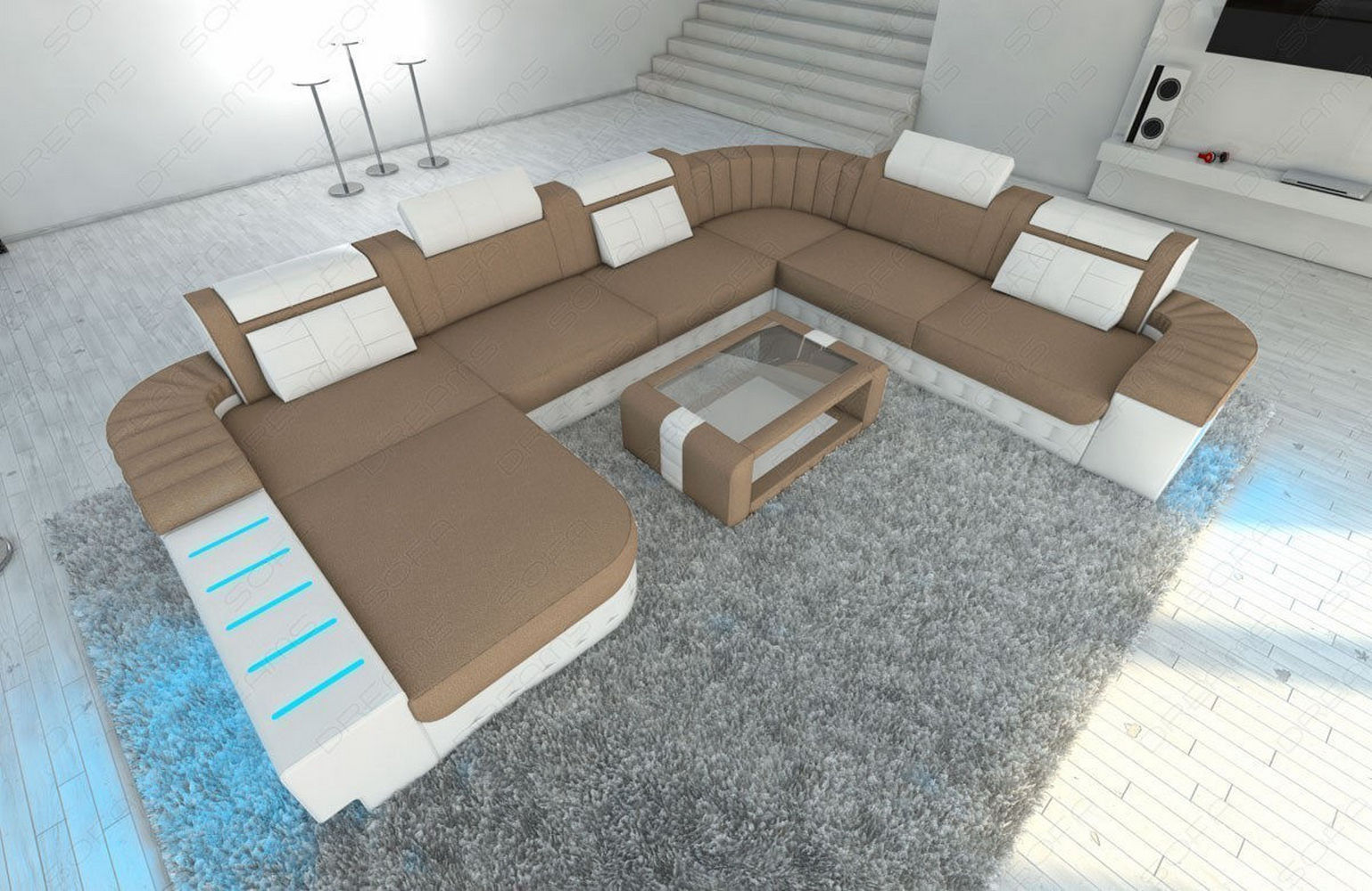 Mega Stoff-Wohnlandschaft Bellagio XXL mit LED Cappuccino-Weiß