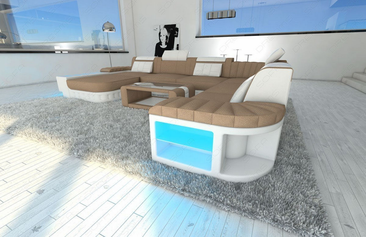 Mega Stoff-Wohnlandschaft Bellagio XXL mit LED Cappuccino-Weiß