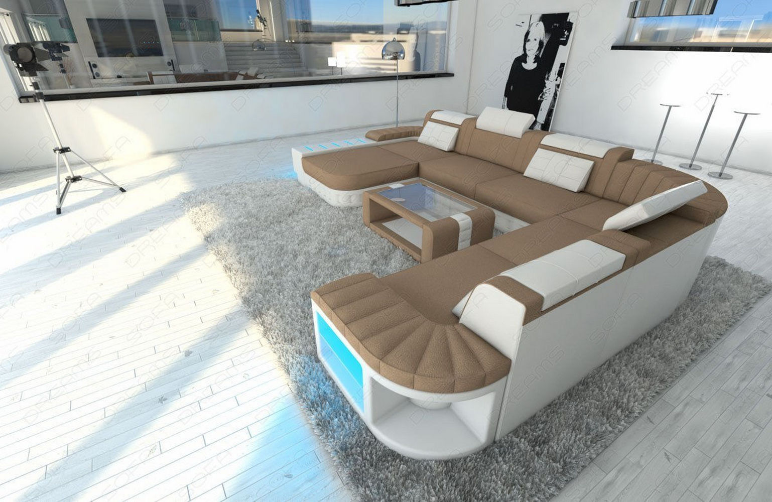 Mega Stoff-Wohnlandschaft Bellagio XXL mit LED Cappuccino-Weiß