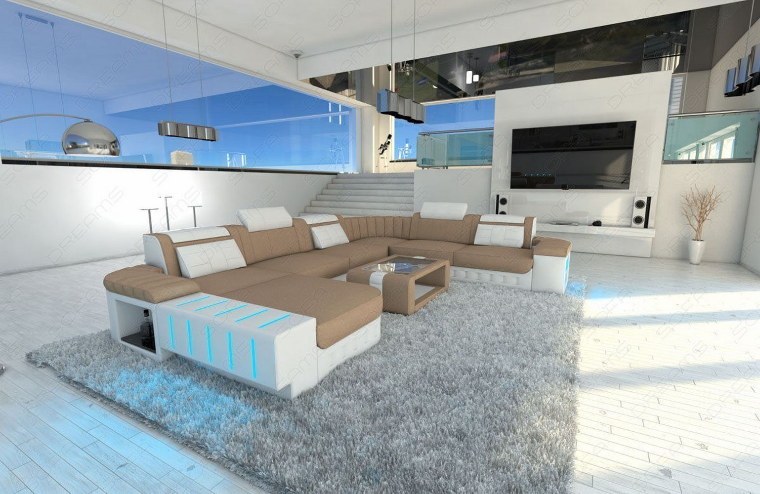 Mega Stoff-Wohnlandschaft Bellagio XXL mit LED Cappuccino-Weiß