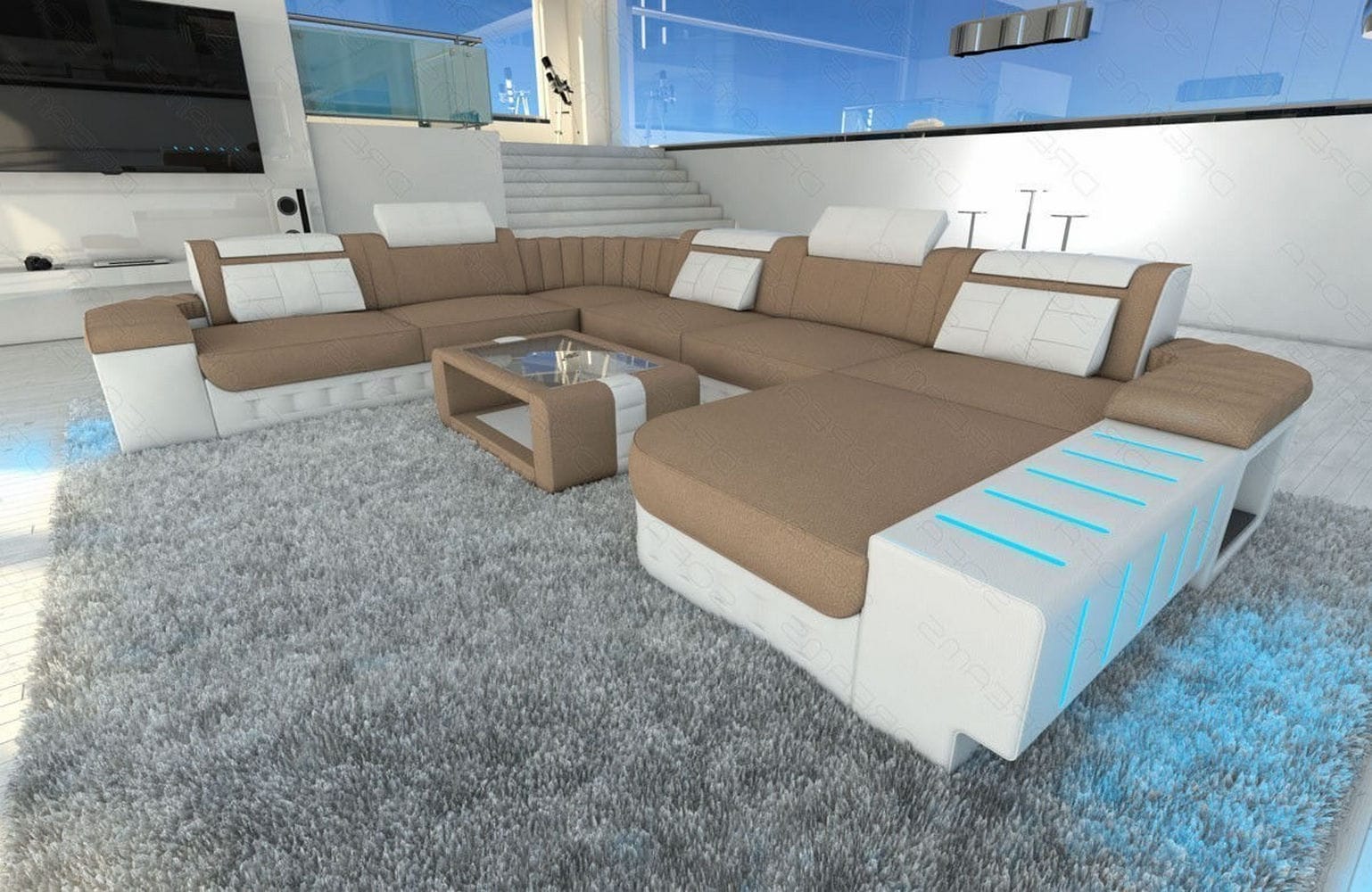 Mega Stoff-Wohnlandschaft Bellagio XXL mit LED Cappuccino-Weiß